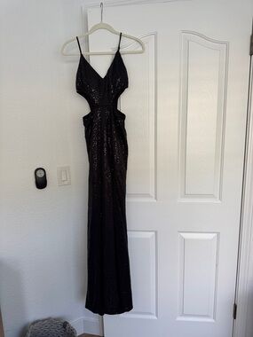 Black Sequin Cutout Evening Gown - Women Dresses